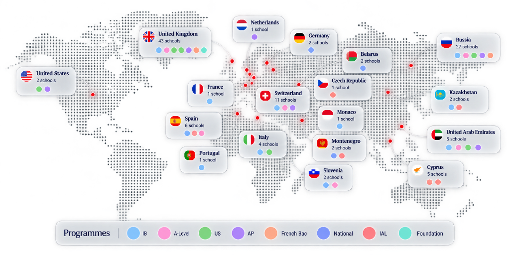 World map of the countries where my students' schools are, with the programmes taught in each