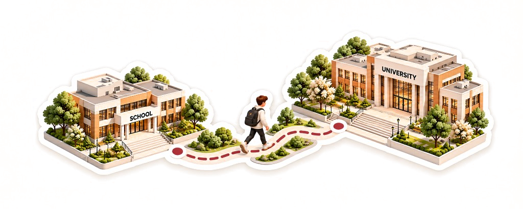 A student walking along a dotted path from school to university